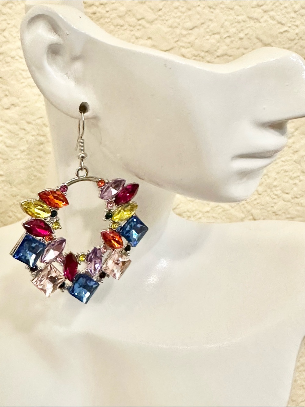Silver-Tone Multi-Colored Crystal Hoop Earrings
